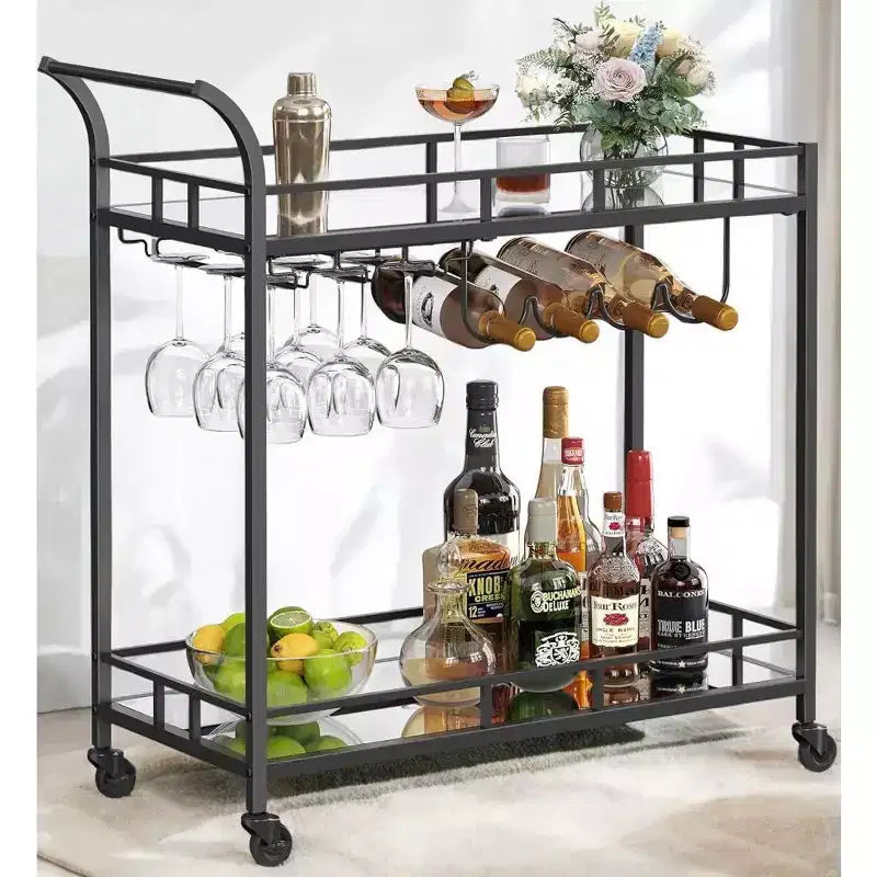 LEDREM Bar Cart , Home Bar Serving Cart, Wine Cart With 2 Mirrored Shelves, Wine Holders, Glass Holders, For Kitchen, Dining Room