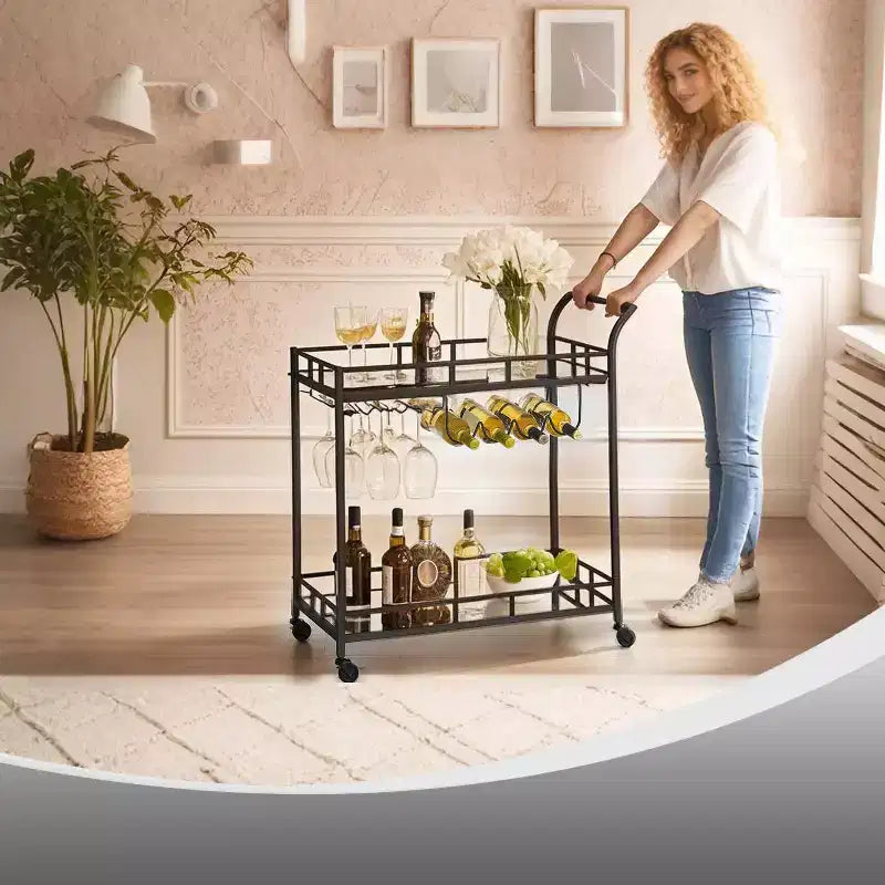 Chariot de bar, Desserte de bar à domicile, Chariot à vin avec 2 étagères miroir