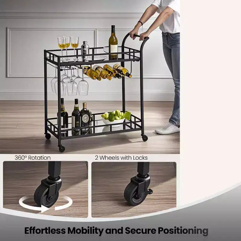 Chariot de bar, Desserte de bar à domicile, Chariot à vin avec 2 étagères miroir
