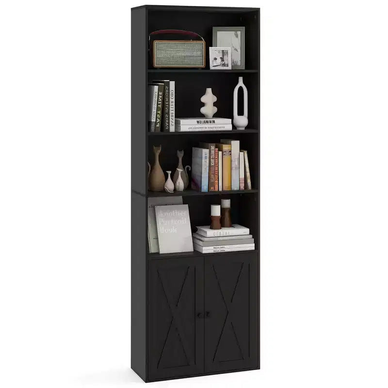 Costway 71 Farmhouse Bookcase with Doors with 6 Shelves & 2-Door Cabinet for Bedroom White/Black