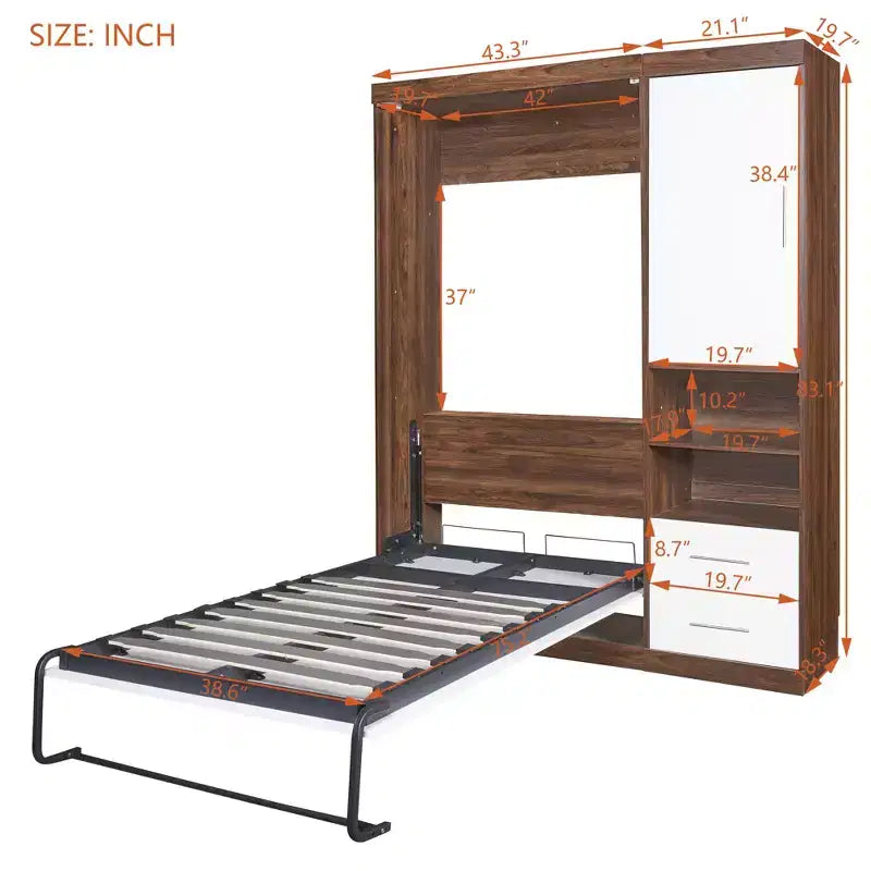 Lit escamotable mural pleine grandeur, pliable en armoire avec étagères