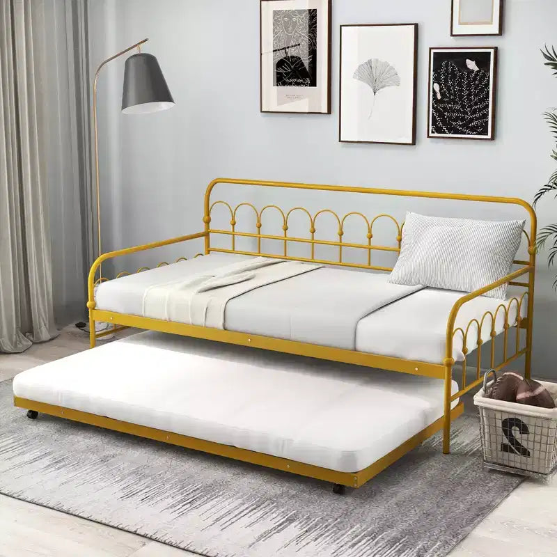 Lit de repos gigogne en métal double pour enfant, peu encombrant, avec roulettes verrouillables, doré