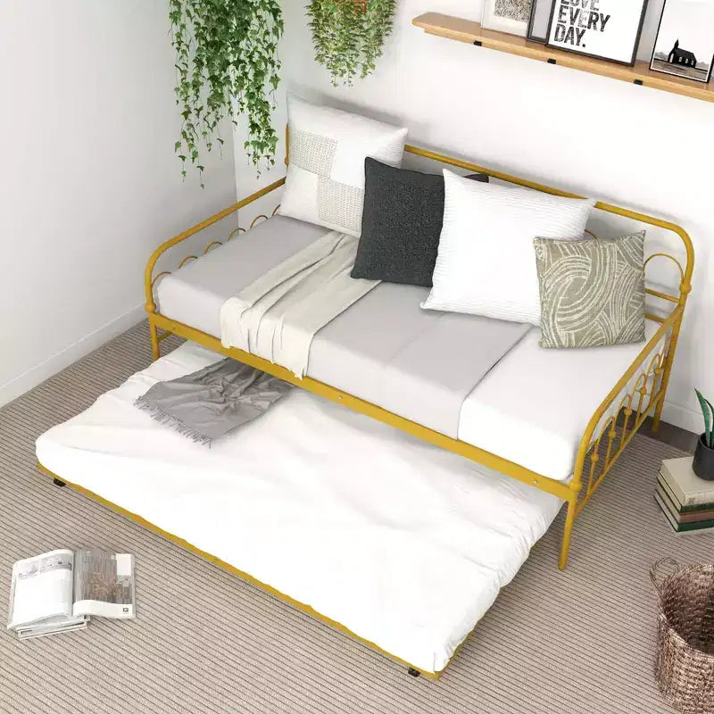 Lit de repos gigogne en métal double pour enfant, peu encombrant, avec roulettes verrouillables, doré