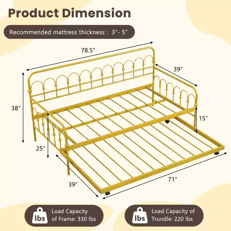 Lit de repos gigogne en métal double pour enfant, peu encombrant, avec roulettes verrouillables, doré