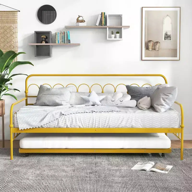 Lit de repos gigogne en métal double pour enfant, peu encombrant, avec roulettes verrouillables, doré