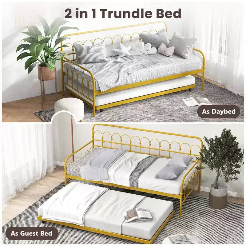 Lit de repos gigogne en métal double pour enfant, peu encombrant, avec roulettes verrouillables, doré