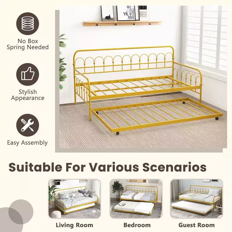 Lit de repos gigogne en métal double pour enfant, peu encombrant, avec roulettes verrouillables, doré