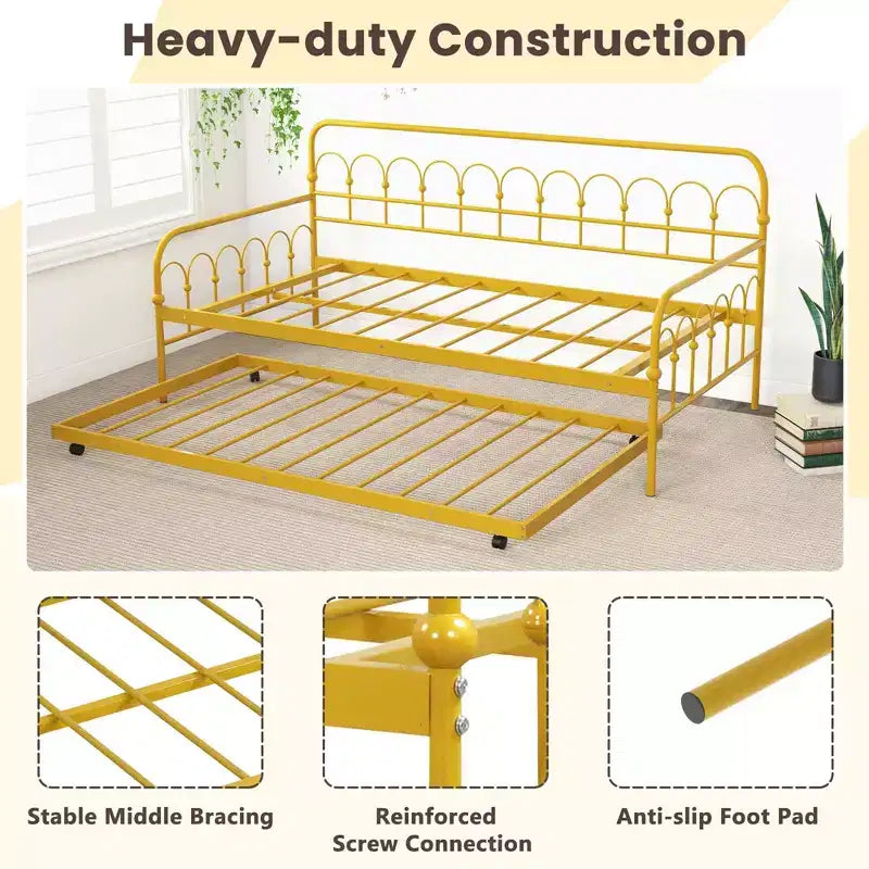 Lit de repos gigogne en métal double pour enfant, peu encombrant, avec roulettes verrouillables, doré