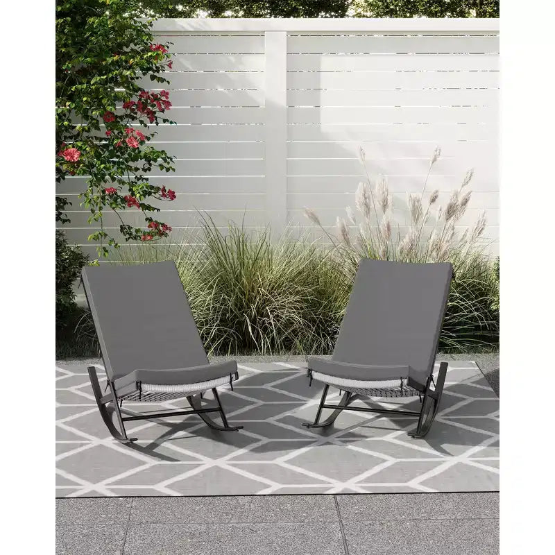 Outdoor Rocking Chairs Set of 2, Indoor Lounge Rocker Chair with Padded Cushion & Metal Frame & Rattan Seat, for Garden, Backyard, Lawn, Patio