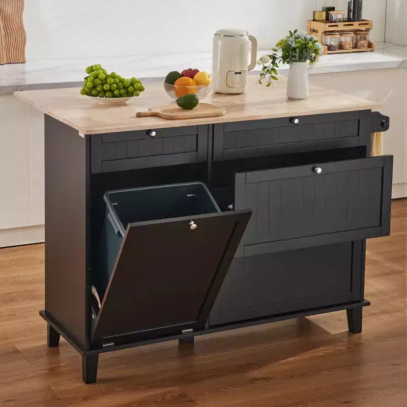 Desserte îlot de cuisine, bar de petit-déjeuner de 50 po avec dessus en bois et armoire à poubelle
