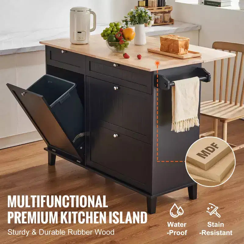 Desserte îlot de cuisine, bar de petit-déjeuner de 50 po avec dessus en bois et armoire à poubelle
