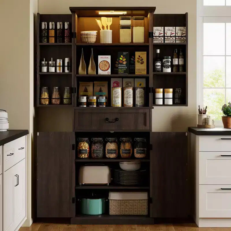 HOMCOM 71 LED Kitchen Pantry Cabinet, Farmhouse Storage Cabinet with Door Shelves, Adjustable Shelves and Drawer, Distressed Brown