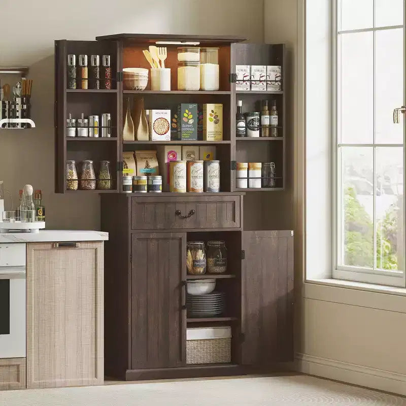 Armoire de cuisine avec éclairage LED, meuble de rangement de style rustique avec étagères de porte