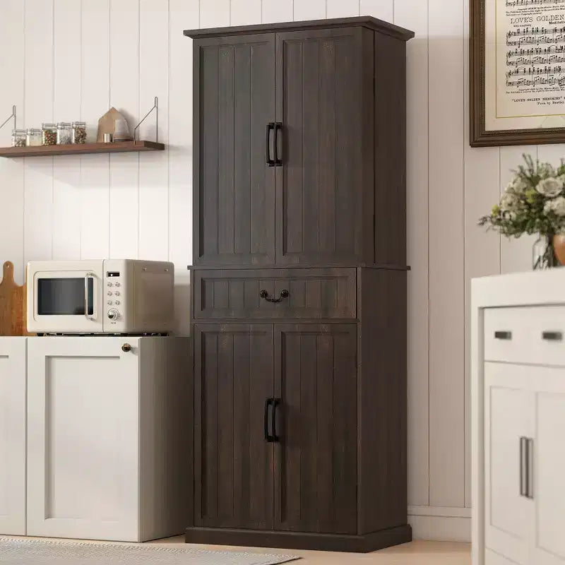 Armoire de cuisine avec éclairage LED, meuble de rangement de style rustique avec étagères de porte