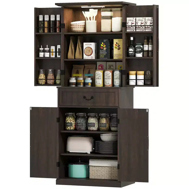 Armoire de cuisine avec éclairage LED, meuble de rangement de style rustique avec étagères de porte