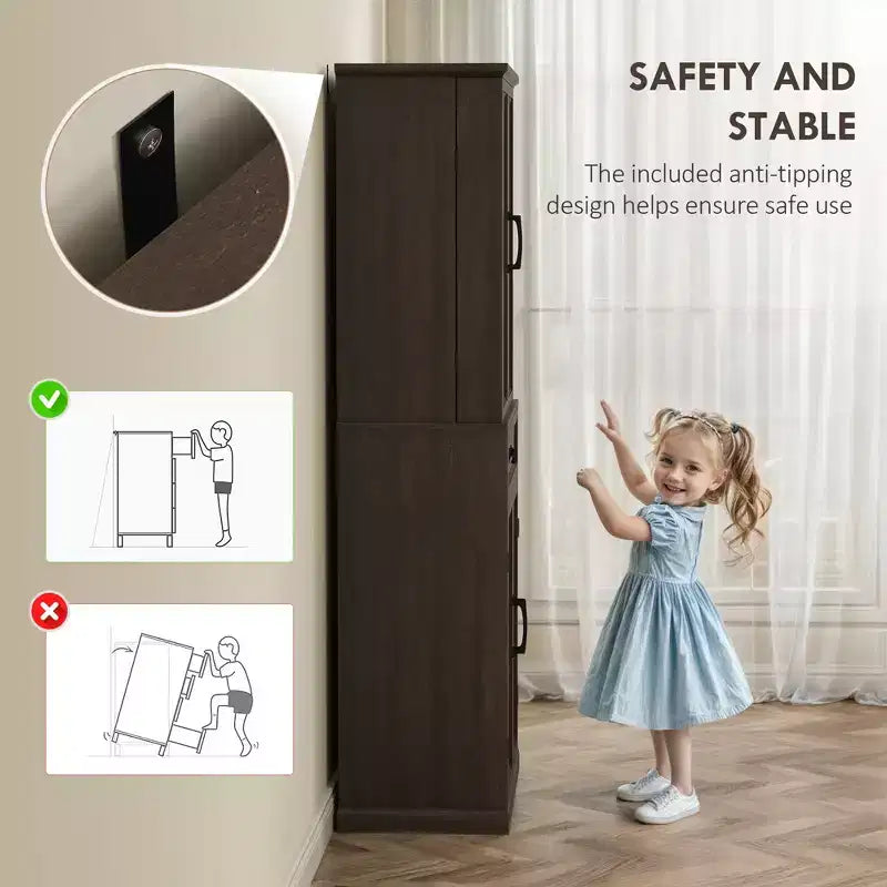 Armoire de cuisine avec éclairage LED, meuble de rangement de style rustique avec étagères de porte