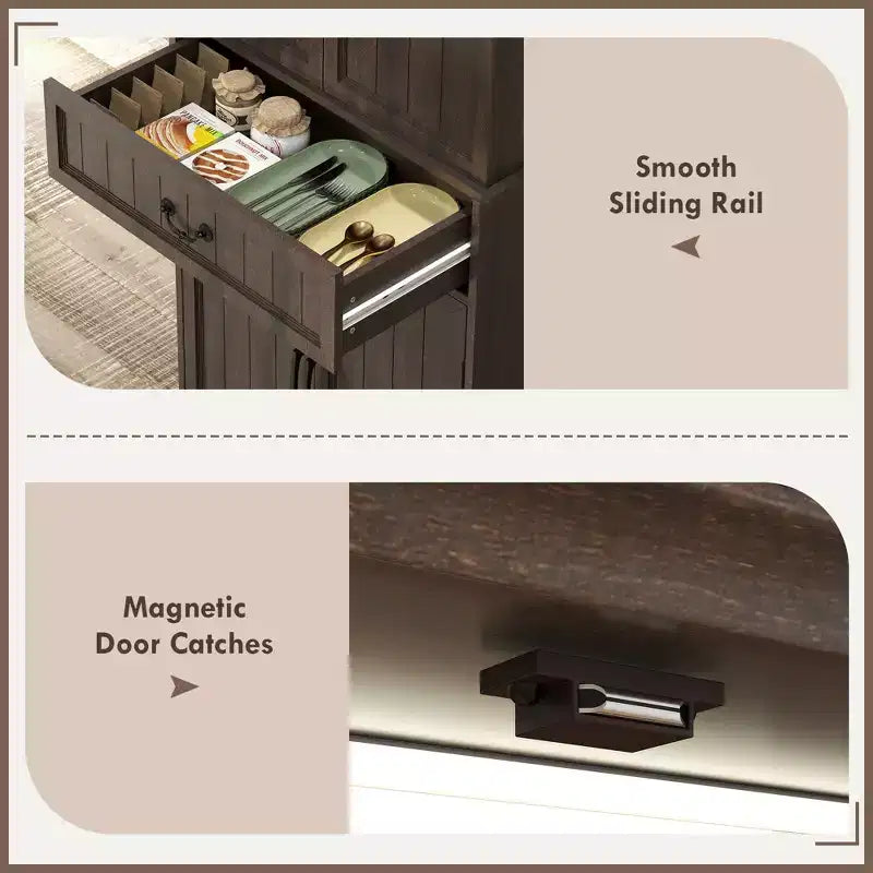 Armoire de cuisine avec éclairage LED, meuble de rangement de style rustique avec étagères de porte