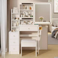 Okak Sliding Mirror Vanity Desk, Space-Saving Makeup Table with Hidden Storage, 3 Lighting Modes & Cushioned Stool for Small Bedrooms