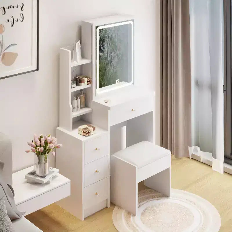 Coiffeuse avec miroir coulissant, Table de maquillage peu encombrante avec rangement caché