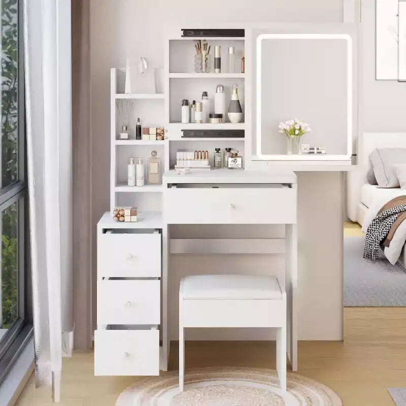 Coiffeuse avec miroir coulissant, Table de maquillage peu encombrante avec rangement caché