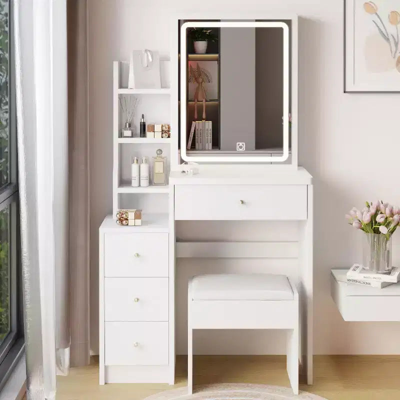 Coiffeuse avec miroir coulissant, Table de maquillage peu encombrante avec rangement caché