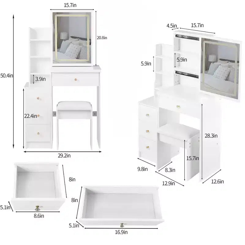 Coiffeuse avec miroir coulissant, Table de maquillage peu encombrante avec rangement caché