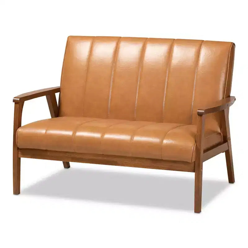 Baxton Studio Nikko Mid-Century Faux Leather Upholstered Wood Loveseat Walnut/Brown : 2-Seater, Tufted Back, Wooden Frame