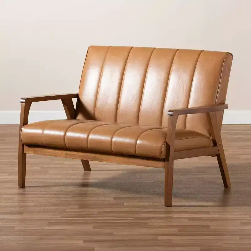 Causeuse en bois au revêtement en similicuir, style Mid-Century, noyer/marron