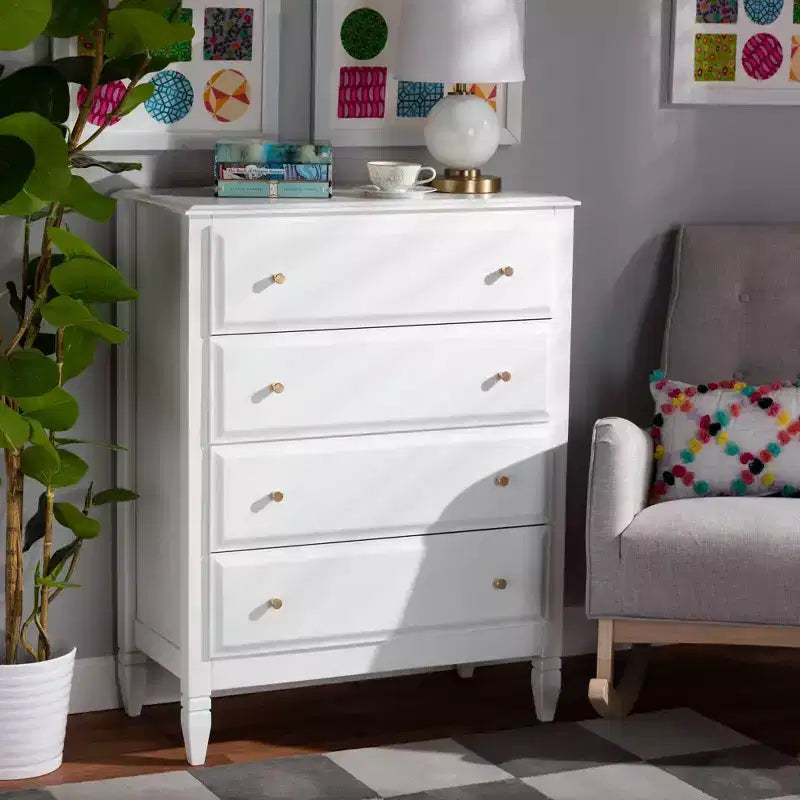 Baxton Studio 4 Drawer Naomi Wood Bedroom Chest White/Gold: Elegant Storage Solution with Anti-Tip Hardware