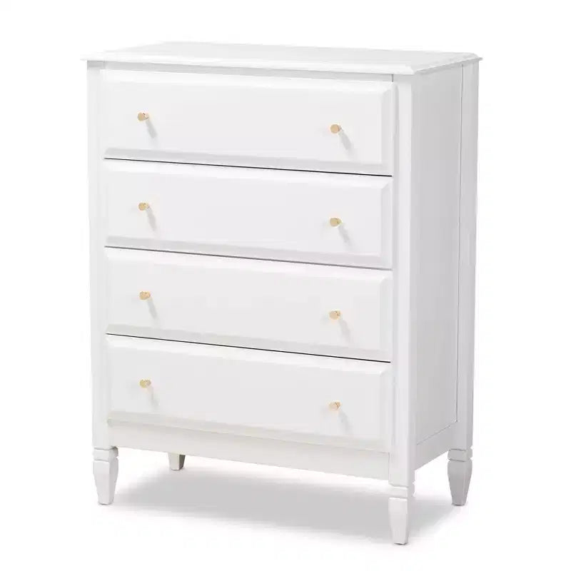 Commode de chambre 4 tiroirs en bois blanc/doré – Solution de rangement élégante