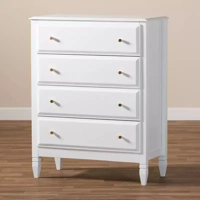 Commode de chambre 4 tiroirs en bois blanc/doré – Solution de rangement élégante