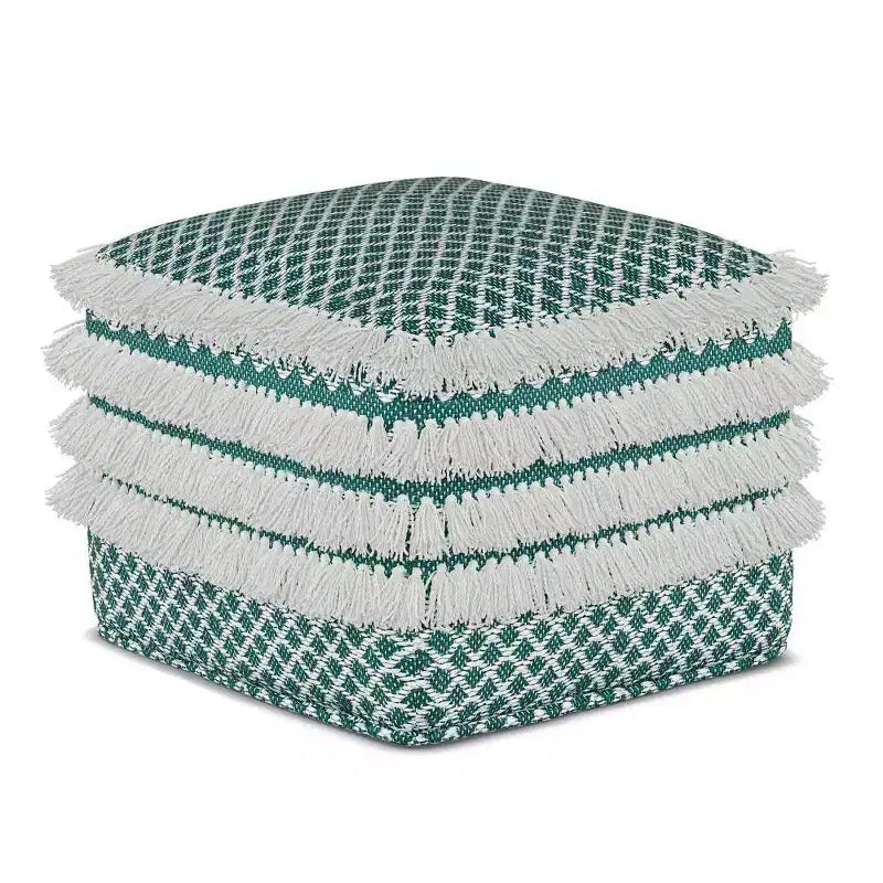 Pouf carré en polyester tressé turquoise/blanc