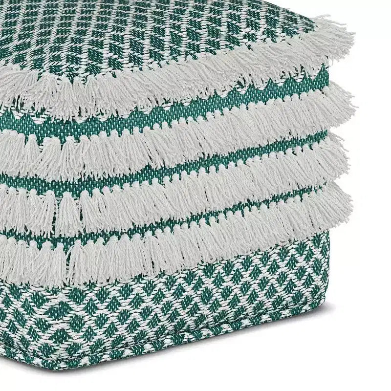 Pouf carré en polyester tressé turquoise/blanc