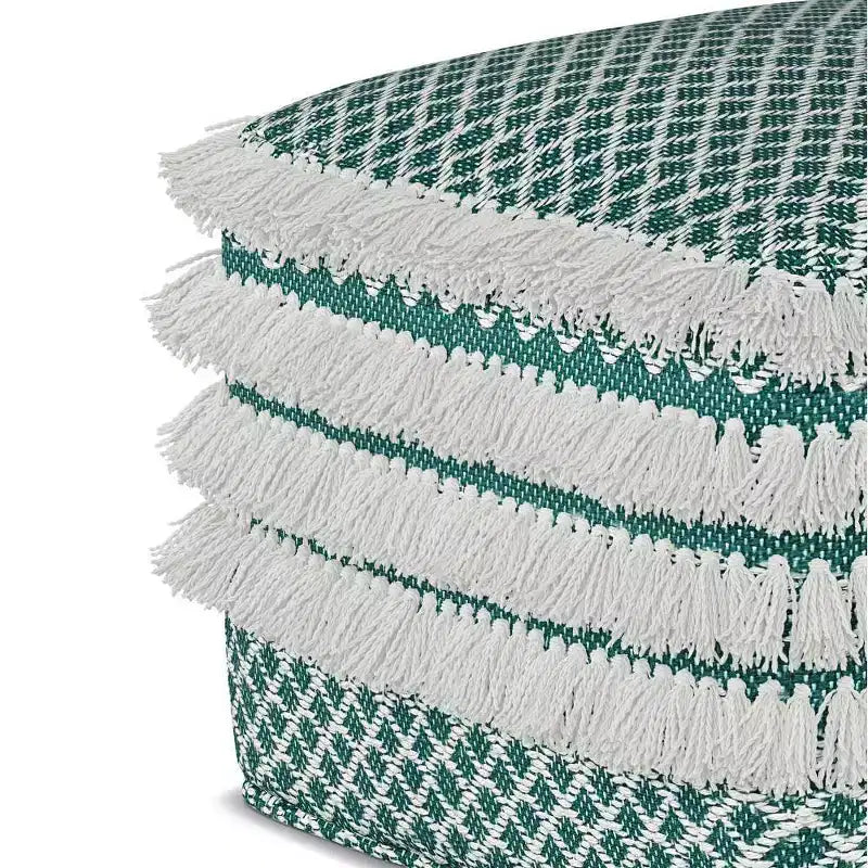 Pouf carré en polyester tressé turquoise/blanc