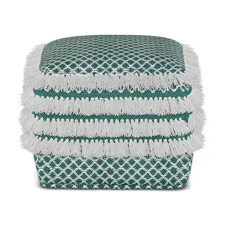 Pouf carré en polyester tressé turquoise/blanc