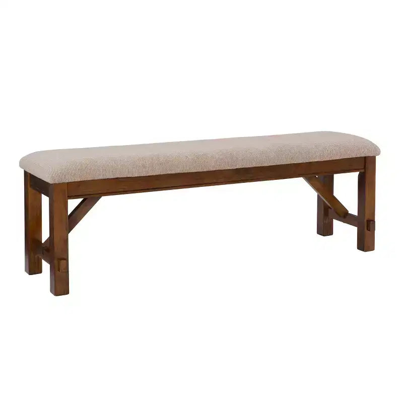 Banc traditionnel en bois avec assise rembourrée beige, marron noisette foncé