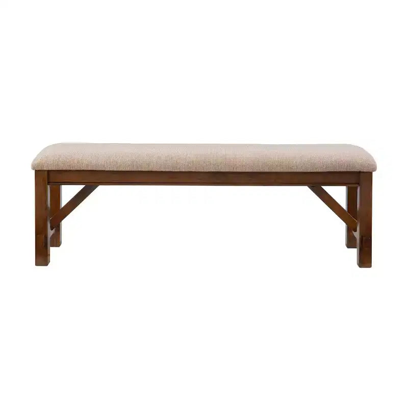 Banc traditionnel en bois avec assise rembourrée beige, marron noisette foncé