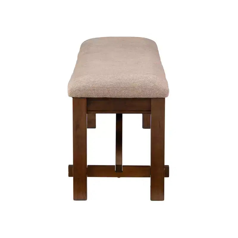 Banc traditionnel en bois avec assise rembourrée beige, marron noisette foncé