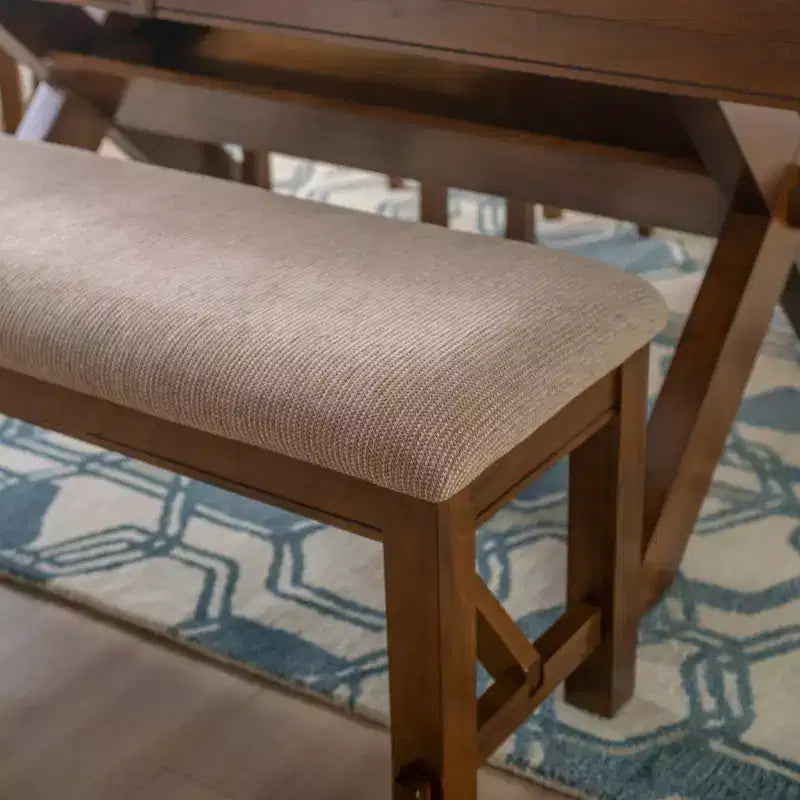 Banc traditionnel en bois avec assise rembourrée beige, marron noisette foncé
