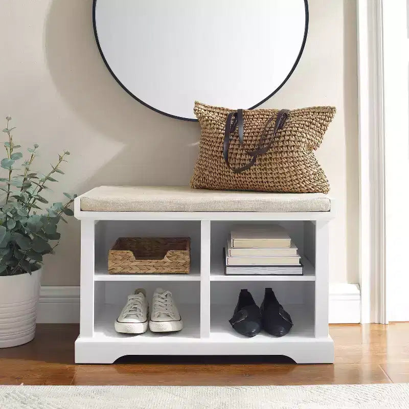 Banc de rangement blanc - Crosley : Rembourré, tapissé de lin, style rustique