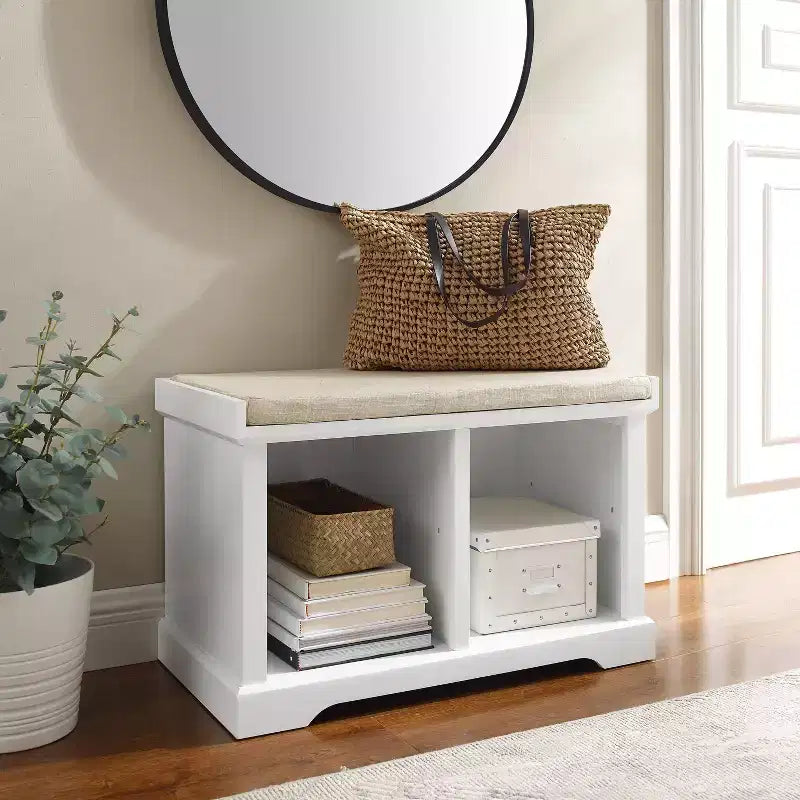 Banc de rangement blanc - Crosley : Rembourré, tapissé de lin, style rustique