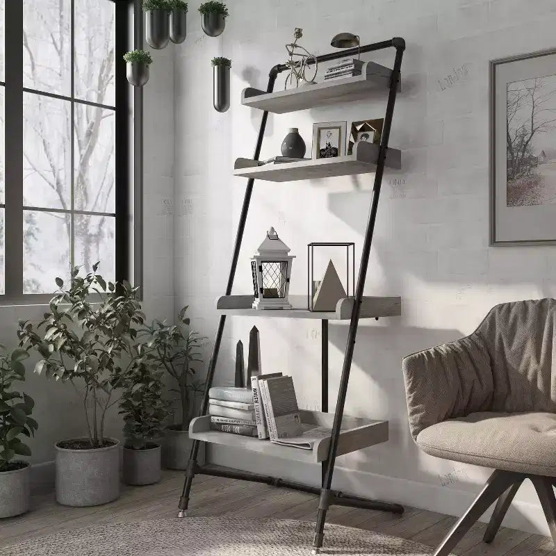 Étagère échelle industrielle 4 niveaux en chêne gris vintage