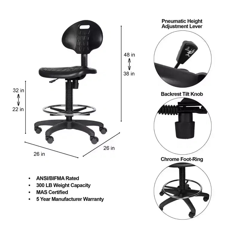 Chaise de travail en polyuréthane réglable en hauteur, pivotante, soutien lombaire