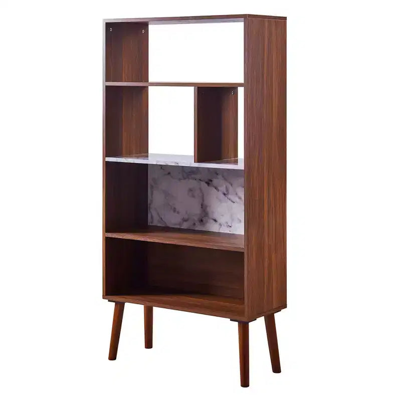 58" Kingston Bookshelf with Faux Marble Top Solid Wood Leg Walnut - Teamson Home: Mid-Century Storage, 4 Open Shelves