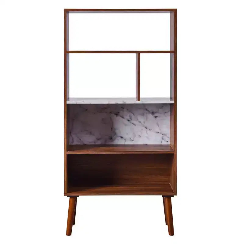 Étagère de rangement mi-siècle en noyer avec plateau imitation marbre et pieds en bois massif
