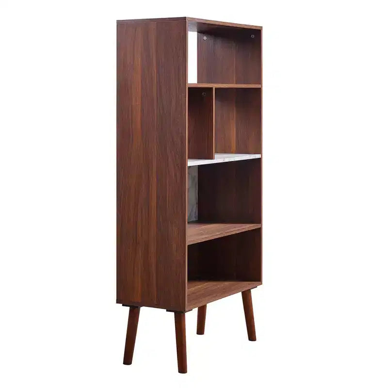 Étagère de rangement mi-siècle en noyer avec plateau imitation marbre et pieds en bois massif