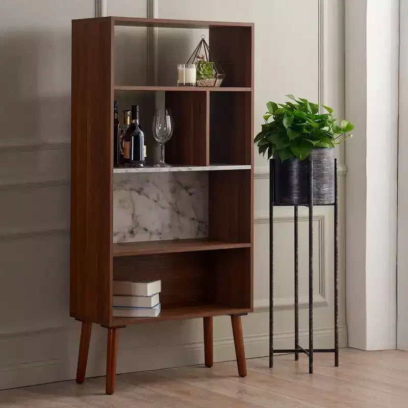Étagère de rangement mi-siècle en noyer avec plateau imitation marbre et pieds en bois massif