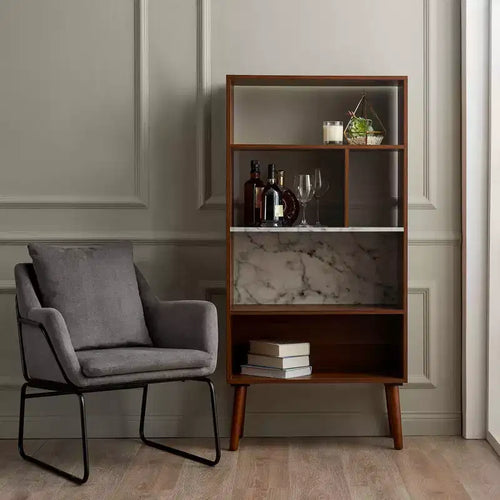 Étagère de rangement mi-siècle en noyer avec plateau imitation marbre et pieds en bois massif