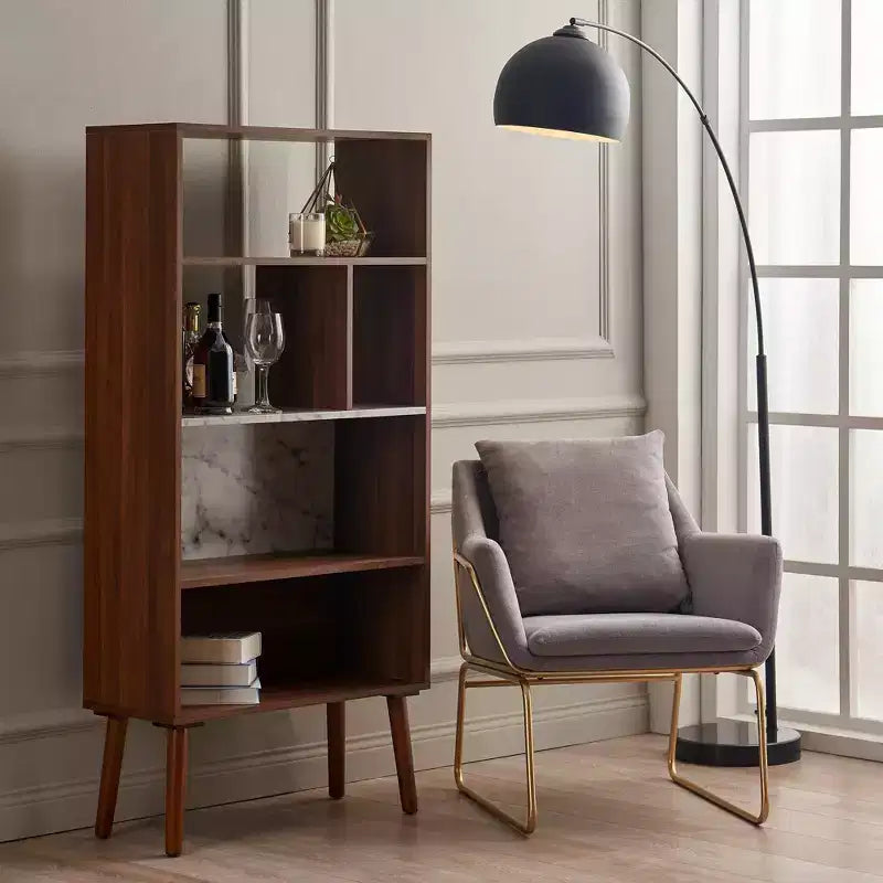Étagère de rangement mi-siècle en noyer avec plateau imitation marbre et pieds en bois massif