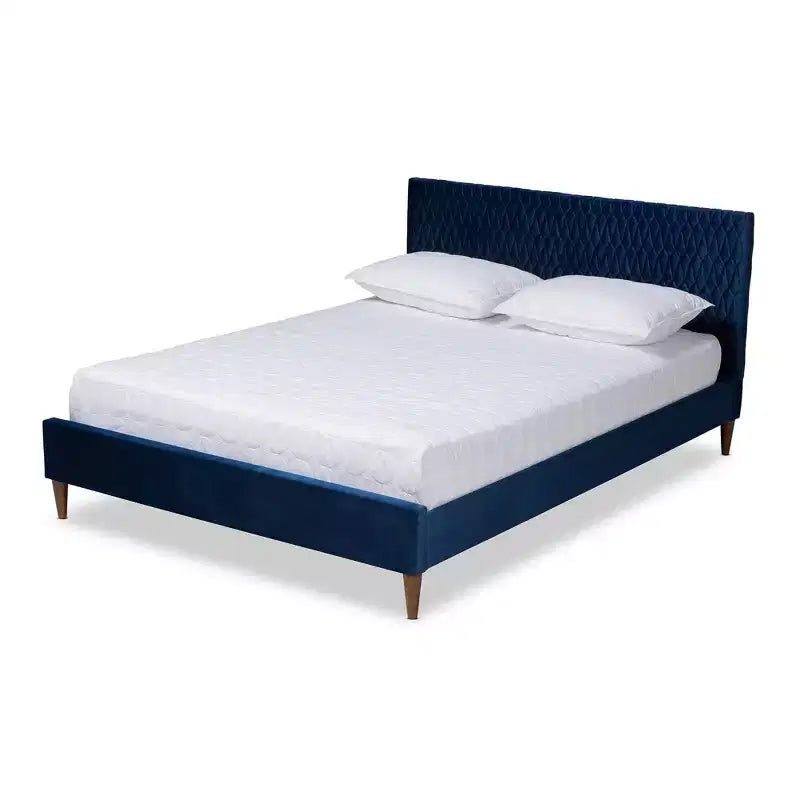 Queen Frida Platform Bed Navy Blue - Baxton Studio: Mid-Century Design, Tapered Legs, Velvet Upholstery
